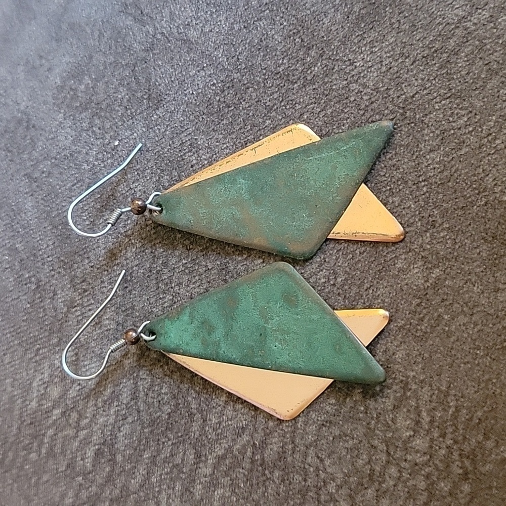 Copper Patina Geometric Dangle Hook Earrings - image 2